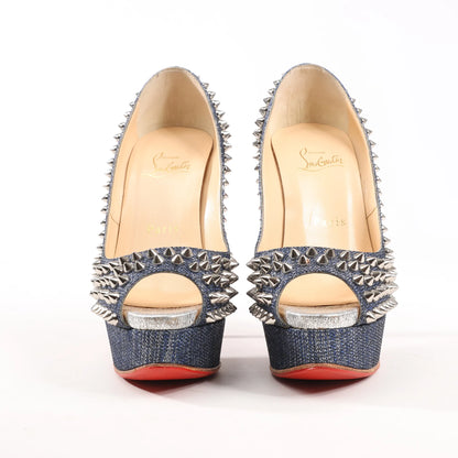 Christian Louboutin Lady Peep 150 Denim Spike Studs Open-toe Heels in Blue, Size 36.5 EU