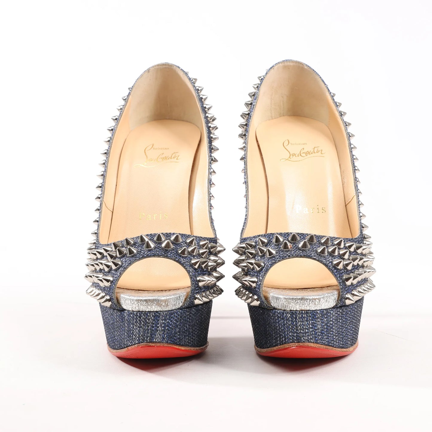 Christian Louboutin Lady Peep 150 Denim Spike Studs Open-toe Heels in Blue, Size 36.5 EU
