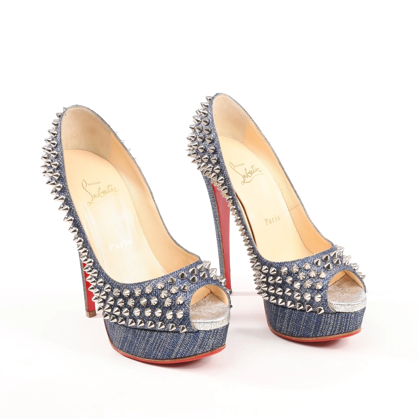 Christian Louboutin Lady Peep 150 Denim Spike Studs Open-toe Heels in Blue, Size 36.5 EU