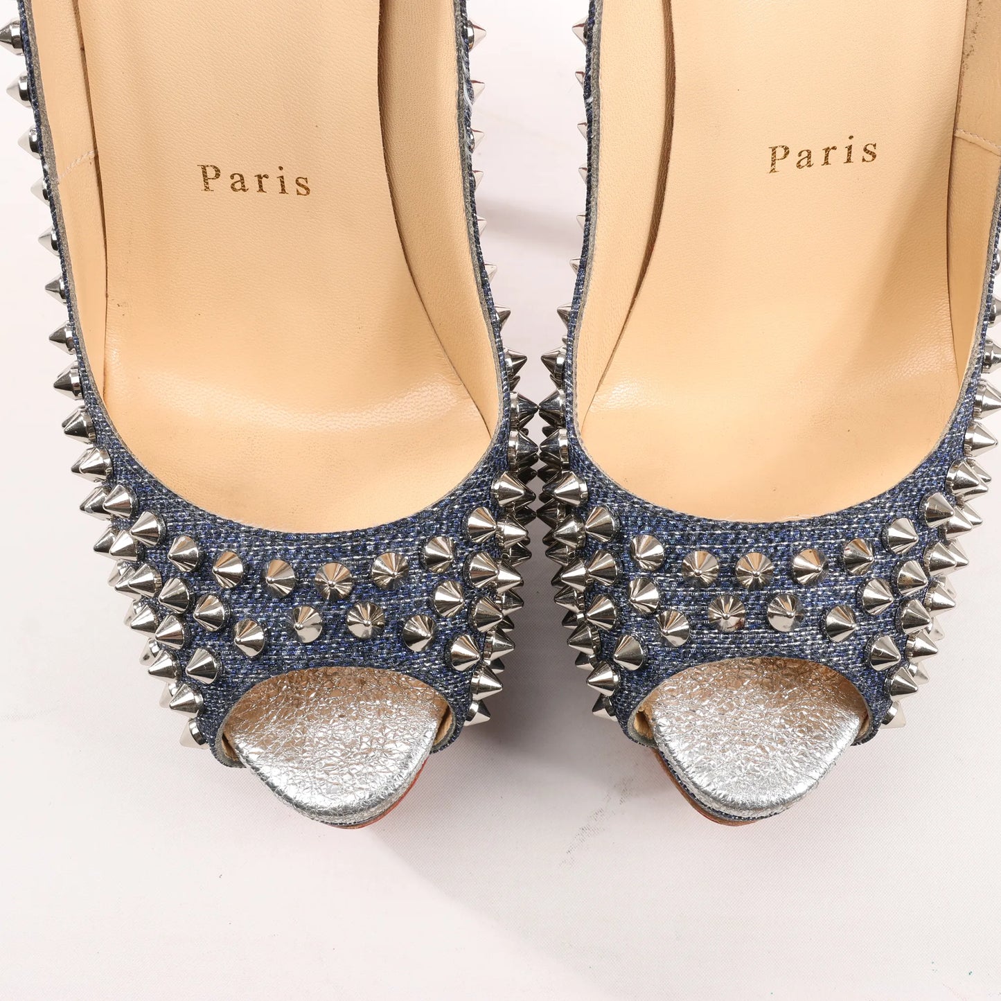 Christian Louboutin Lady Peep 150 Denim Spike Studs Open-toe Heels in Blue, Size 36.5 EU
