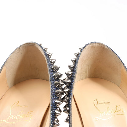 Christian Louboutin Lady Peep 150 Denim Spike Studs Open-toe Heels in Blue, Size 36.5 EU