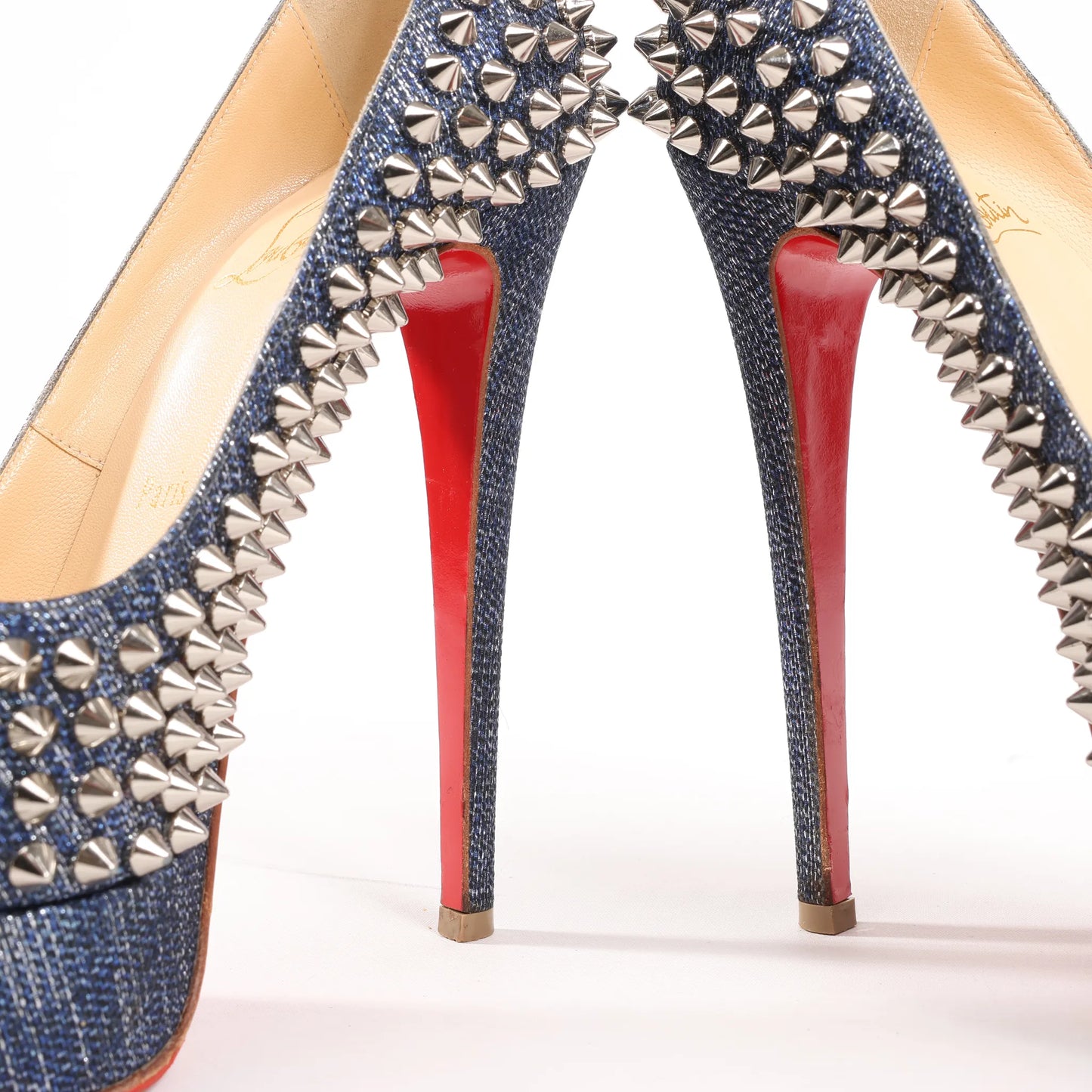 Christian Louboutin Lady Peep 150 Denim Spike Studs Open-toe Heels in Blue, Size 36.5 EU