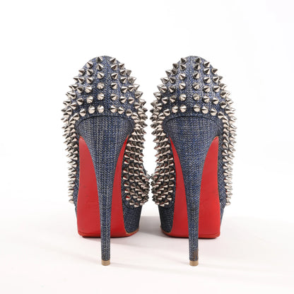 Christian Louboutin Lady Peep 150 Denim Spike Studs Open-toe Heels in Blue, Size 36.5 EU