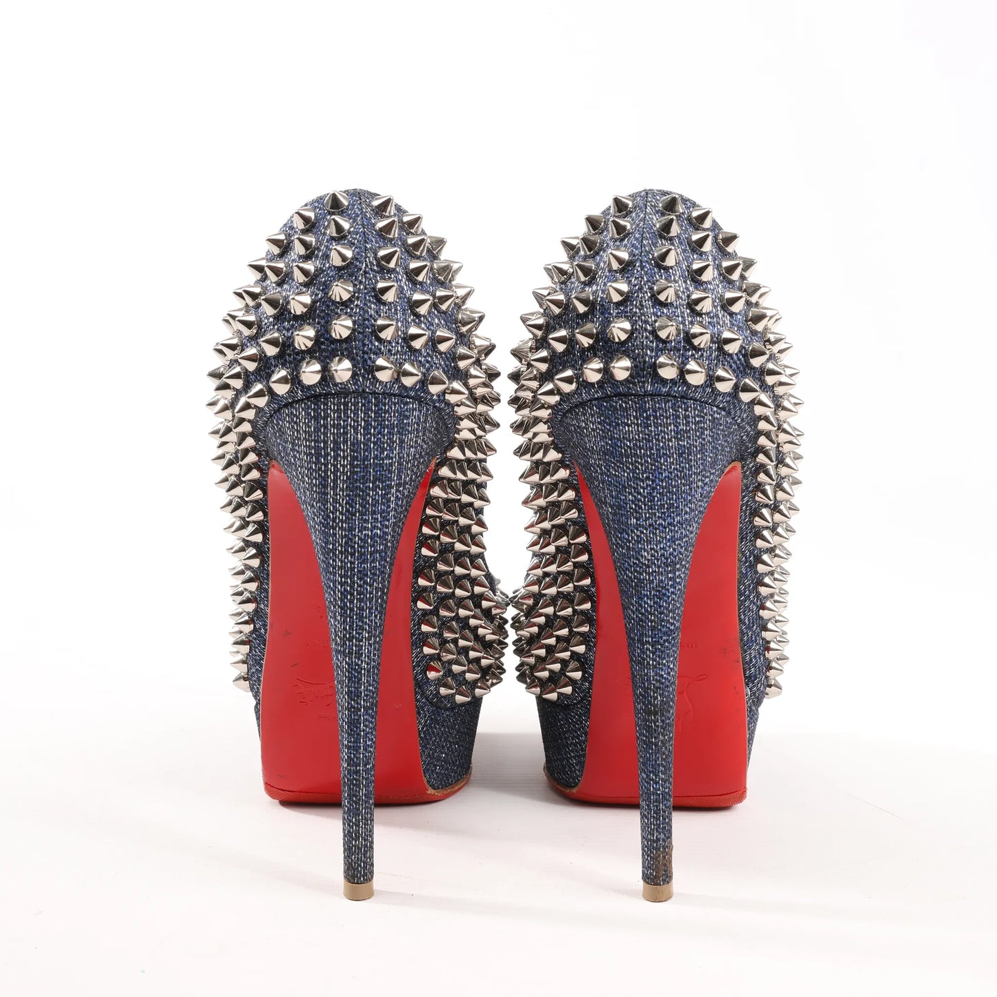 Christian Louboutin Lady Peep 150 Denim Spike Studs Open-toe Heels in Blue, Size 36.5 EU