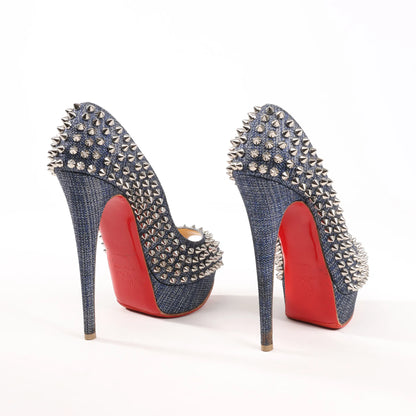 Christian Louboutin Lady Peep 150 Denim Spike Studs Open-toe Heels in Blue, Size 36.5 EU