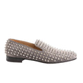 Christian Louboutin slip-on shoes in gray leather, fully embellished with silver-tone spike studs, low heel, and signature red sole. Size 43 EU.