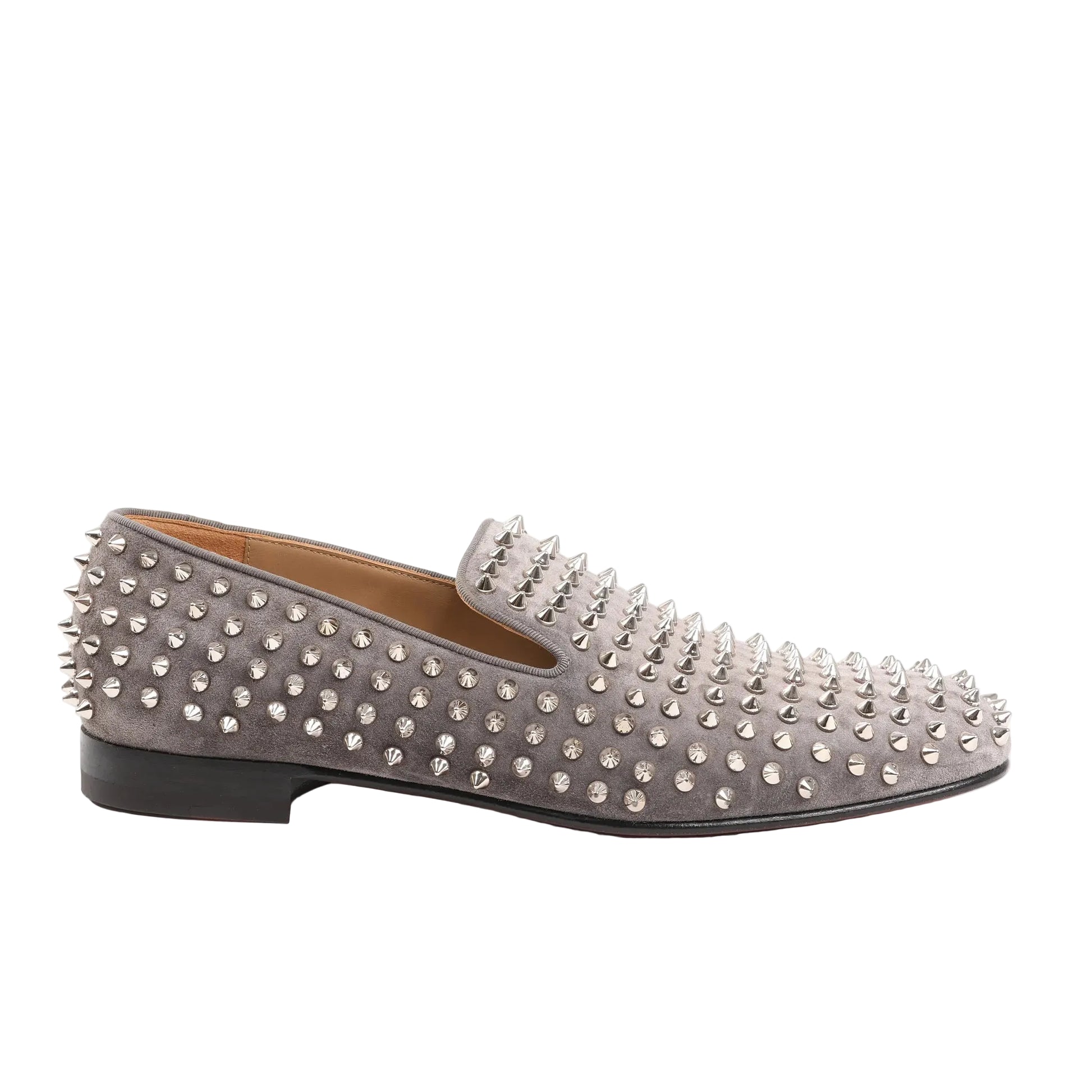 Christian Louboutin slip-on shoes in gray leather, fully embellished with silver-tone spike studs, low heel, and signature red sole. Size 43 EU.