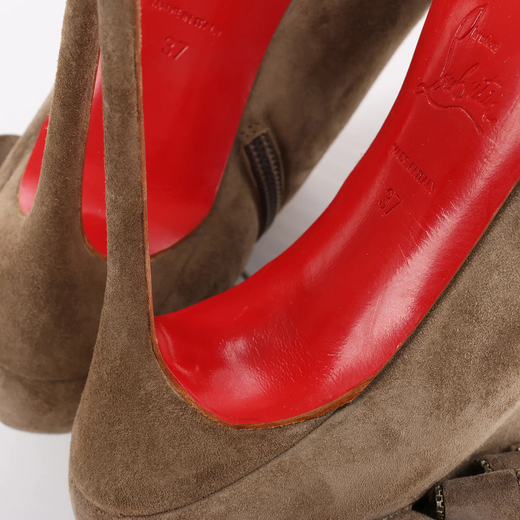 Christian Louboutin Mrs Baba 100 Suede Booties in Taupe, Size 37 EU