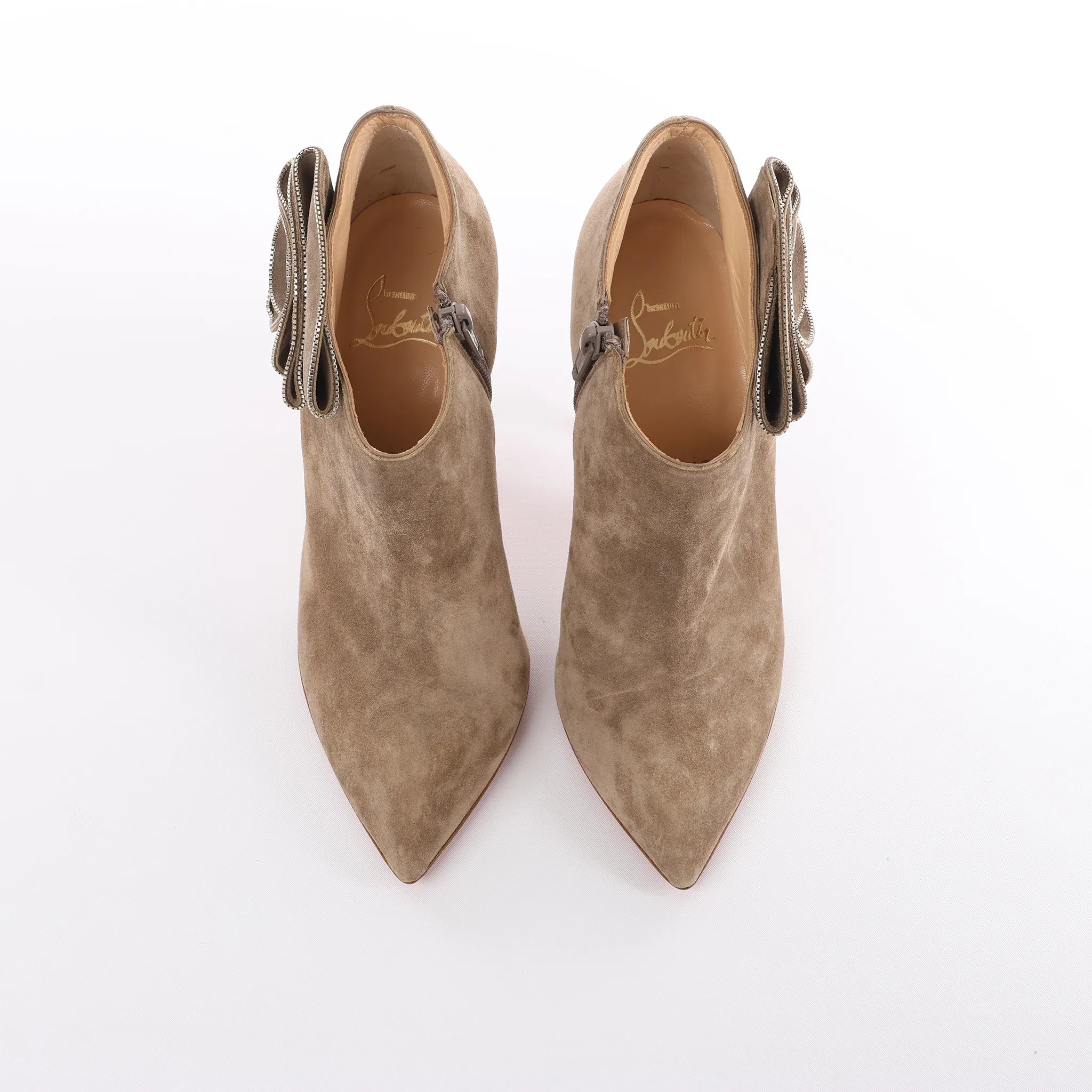 Christian Louboutin Mrs Baba 100 Suede Booties in Taupe, Size 37 EU