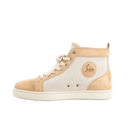 Christian Louboutin beige suede and canvas high-top sneaker in size 43 EU, featuring cream laces, signature logo patch on the side, metal eyelets, and a white rubber sole, displayed against a white background.