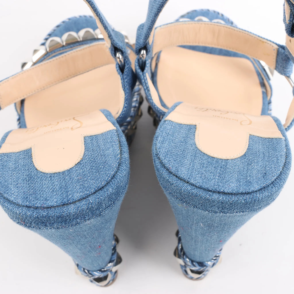 Christian Louboutin Katacrow Denim Wedge Sole Sandals in Blue, Size 38 EU