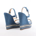 Christian Louboutin Katacrow Denim Wedge Sole Sandals in Blue, Size 38 EU