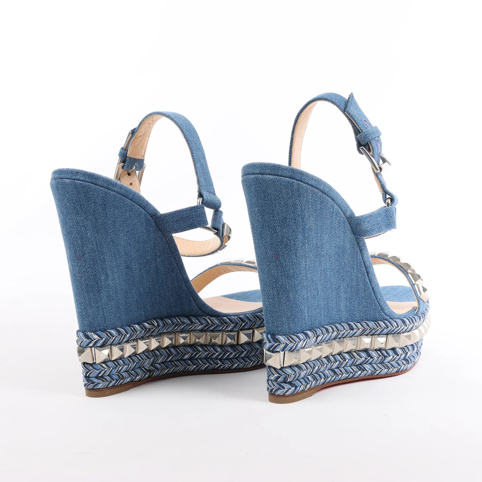 Christian Louboutin Katacrow Denim Wedge Sole Sandals in Blue, Size 38 EU