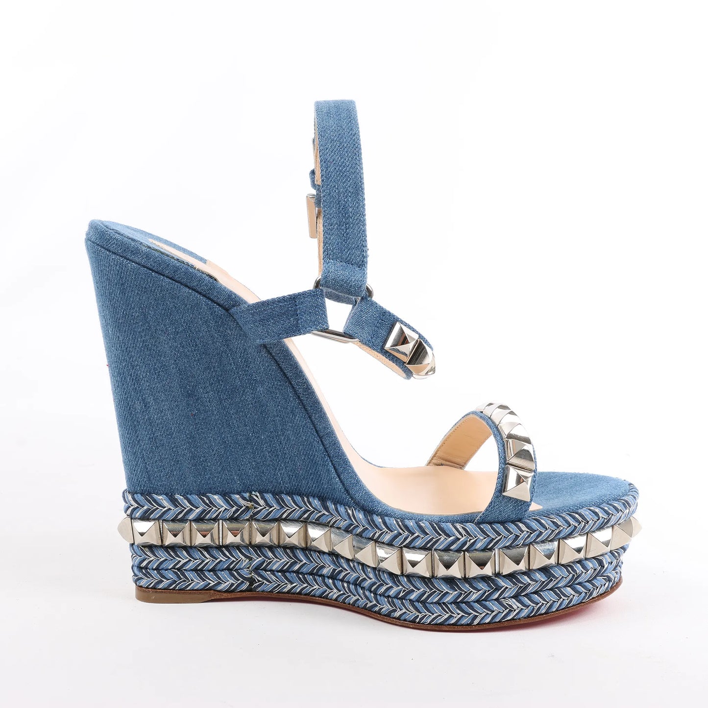 Christian Louboutin Katacrow Denim Wedge Sole Sandals in Blue, Size 38 EU