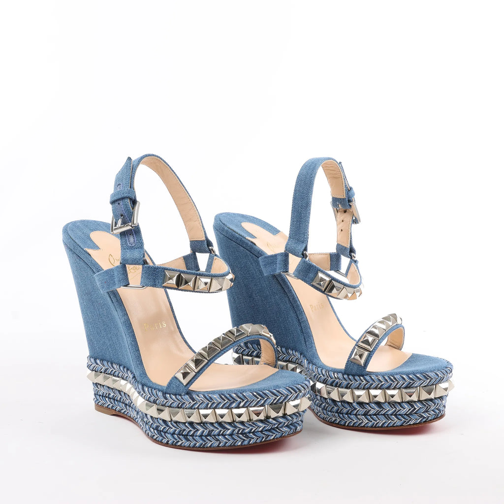 Christian Louboutin Katacrow Denim Wedge Sole Sandals in Blue, Size 38 EU