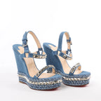 Christian Louboutin Katacrow Denim Wedge Sole Sandals in Blue, Size 38 EU