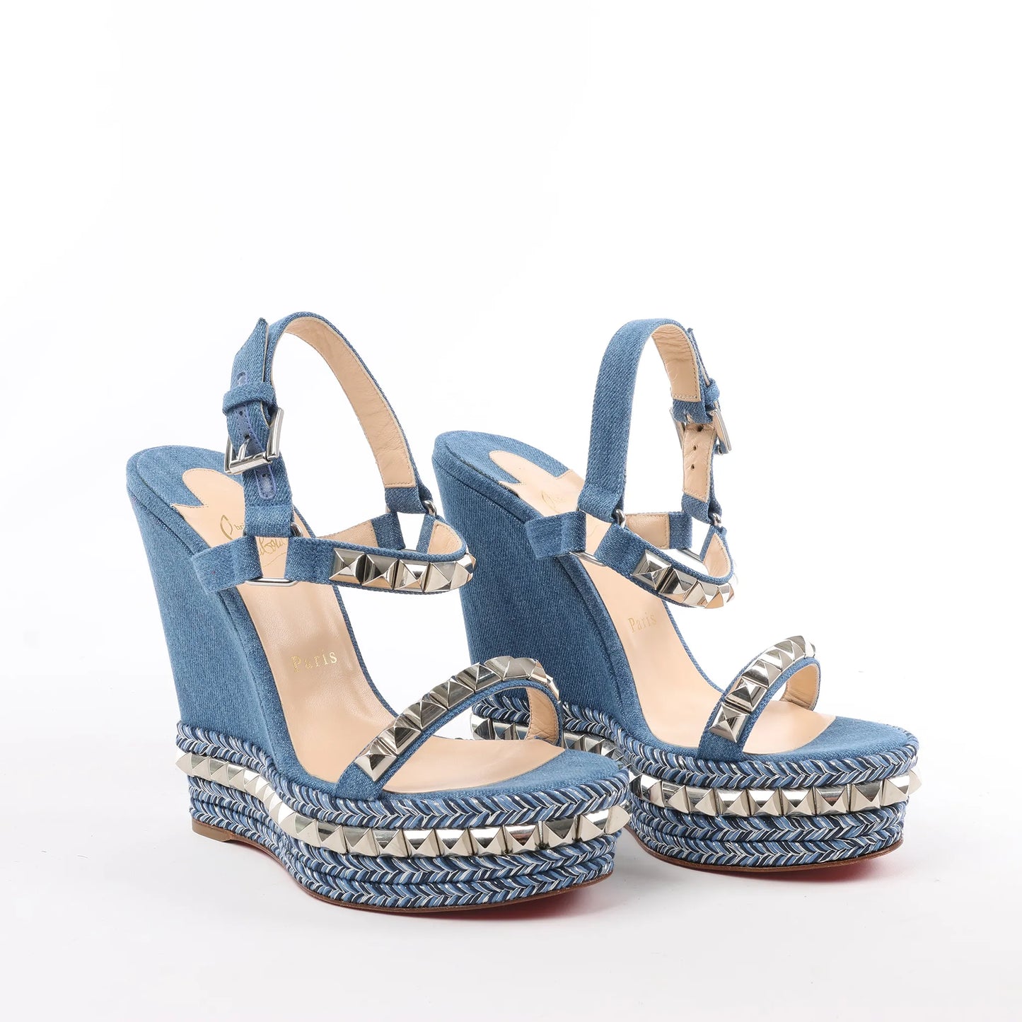 Christian Louboutin Katacrow Denim Wedge Sole Sandals in Blue, Size 38 EU