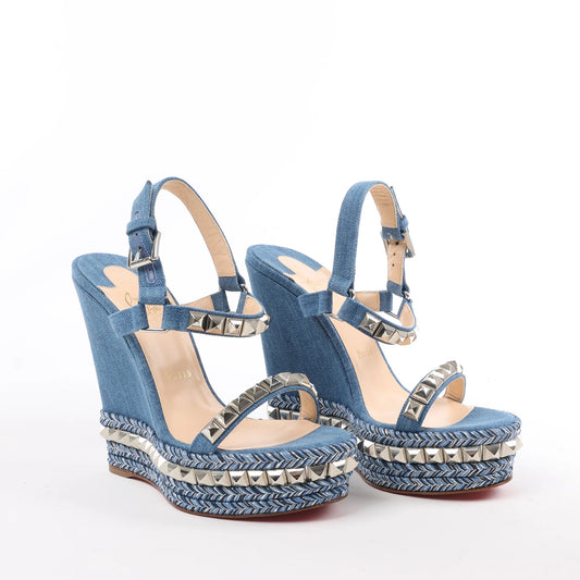 Christian Louboutin Katacrow Denim Wedge Sole Sandals in Blue, Size 38 EU