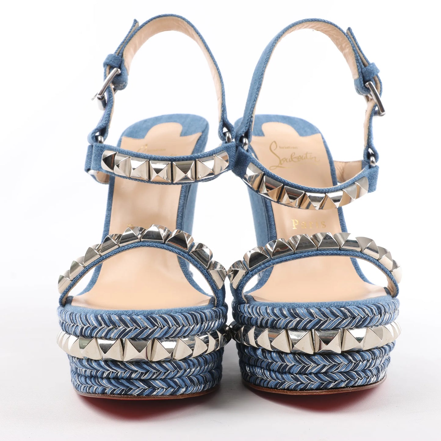 Christian Louboutin Katacrow Denim Wedge Sole Sandals in Blue, Size 38 EU