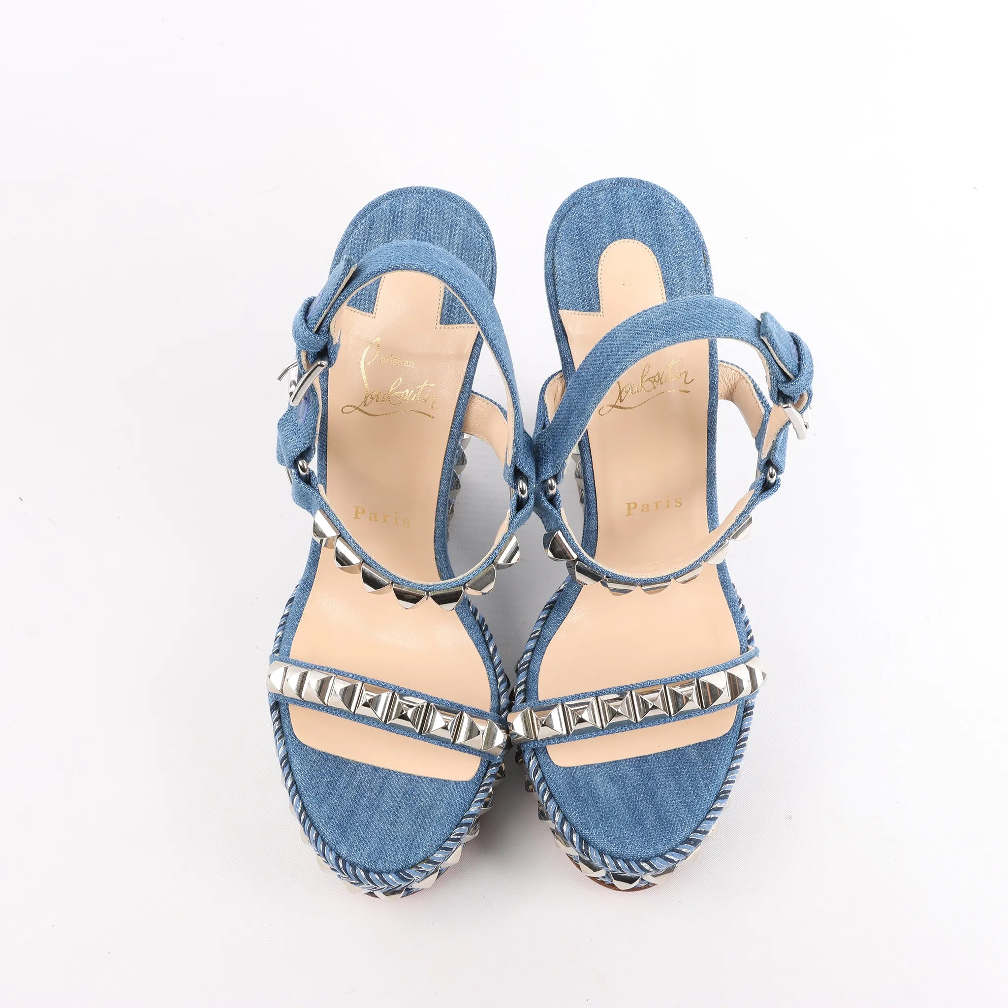 Christian Louboutin Katacrow Denim Wedge Sole Sandals in Blue, Size 38 EU
