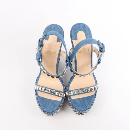 Christian Louboutin Katacrow Denim Wedge Sole Sandals in Blue, Size 38 EU