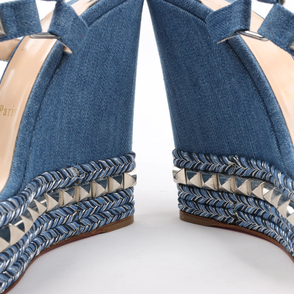 Christian Louboutin Katacrow Denim Wedge Sole Sandals in Blue, Size 38 EU