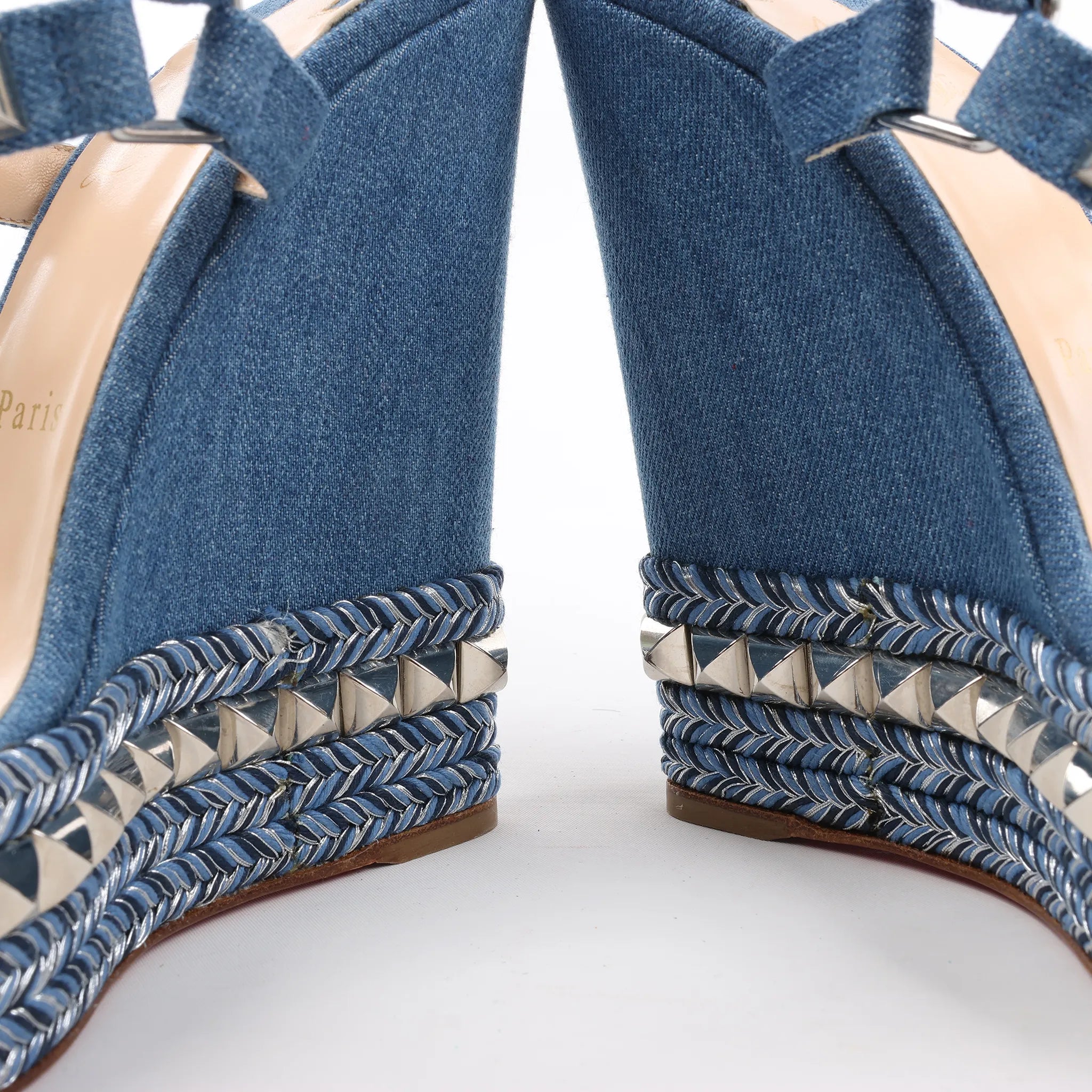 Christian Louboutin Katacrow Denim Wedge Sole Sandals in Blue, Size 38 EU