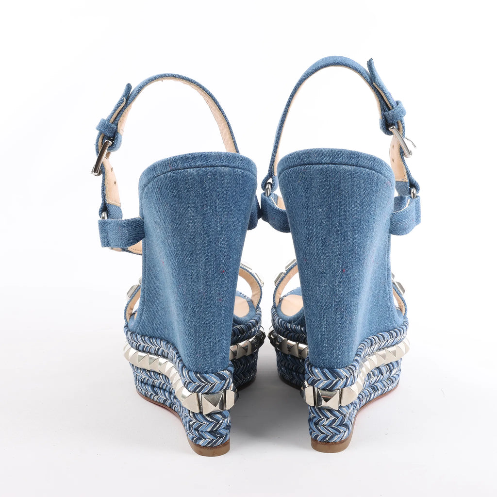 Christian Louboutin Katacrow Denim Wedge Sole Sandals in Blue, Size 38 EU