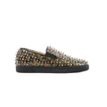Side view of Christian Louboutin Roller Boat slip-on with brown and green patent leather, allover silver spike studs, and black rubber sole.