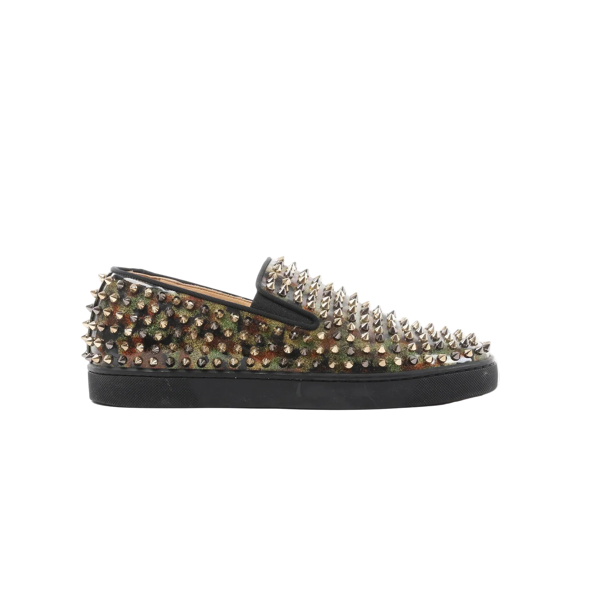 Side view of Christian Louboutin Roller Boat slip-on with brown and green patent leather, allover silver spike studs, and black rubber sole.