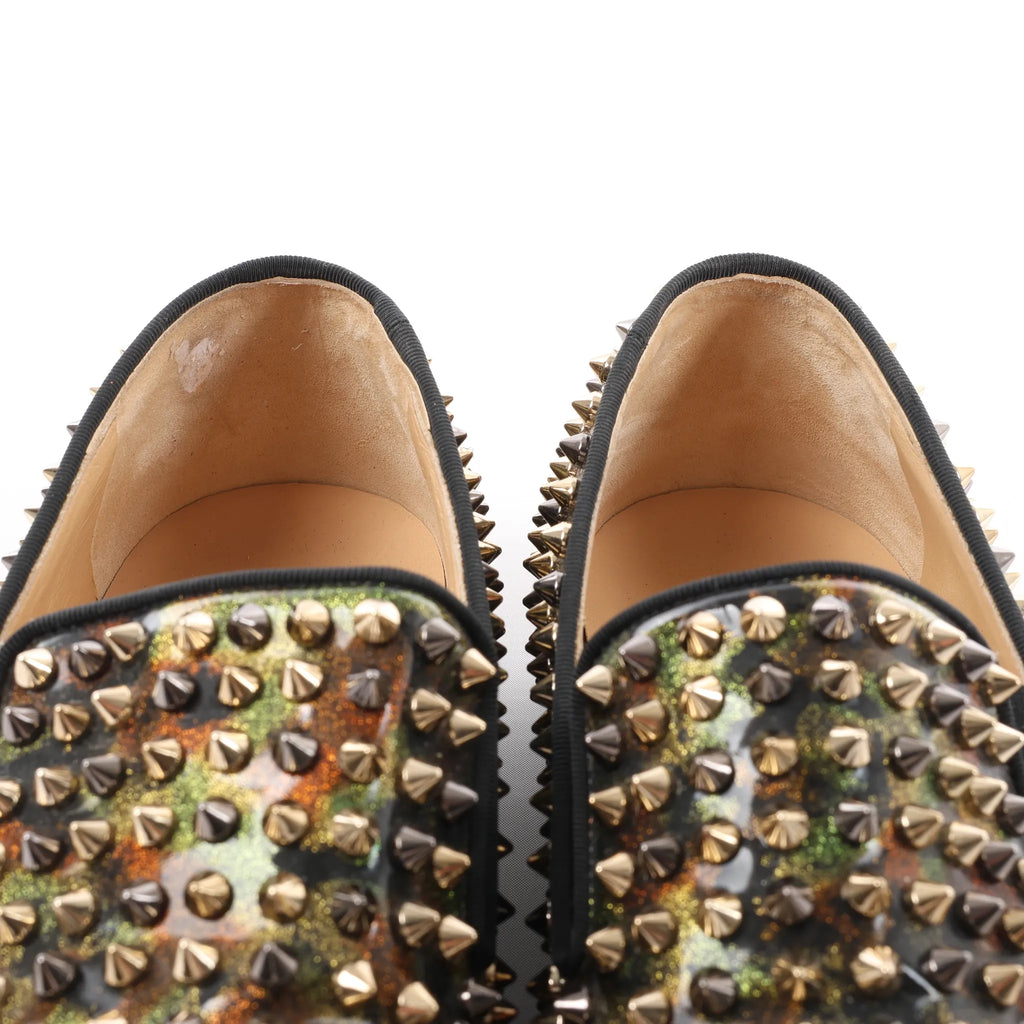 Christian Louboutin Roller Boat Spike Studs Patent Leather Slip-on in Brown x Green, Size 42 EU