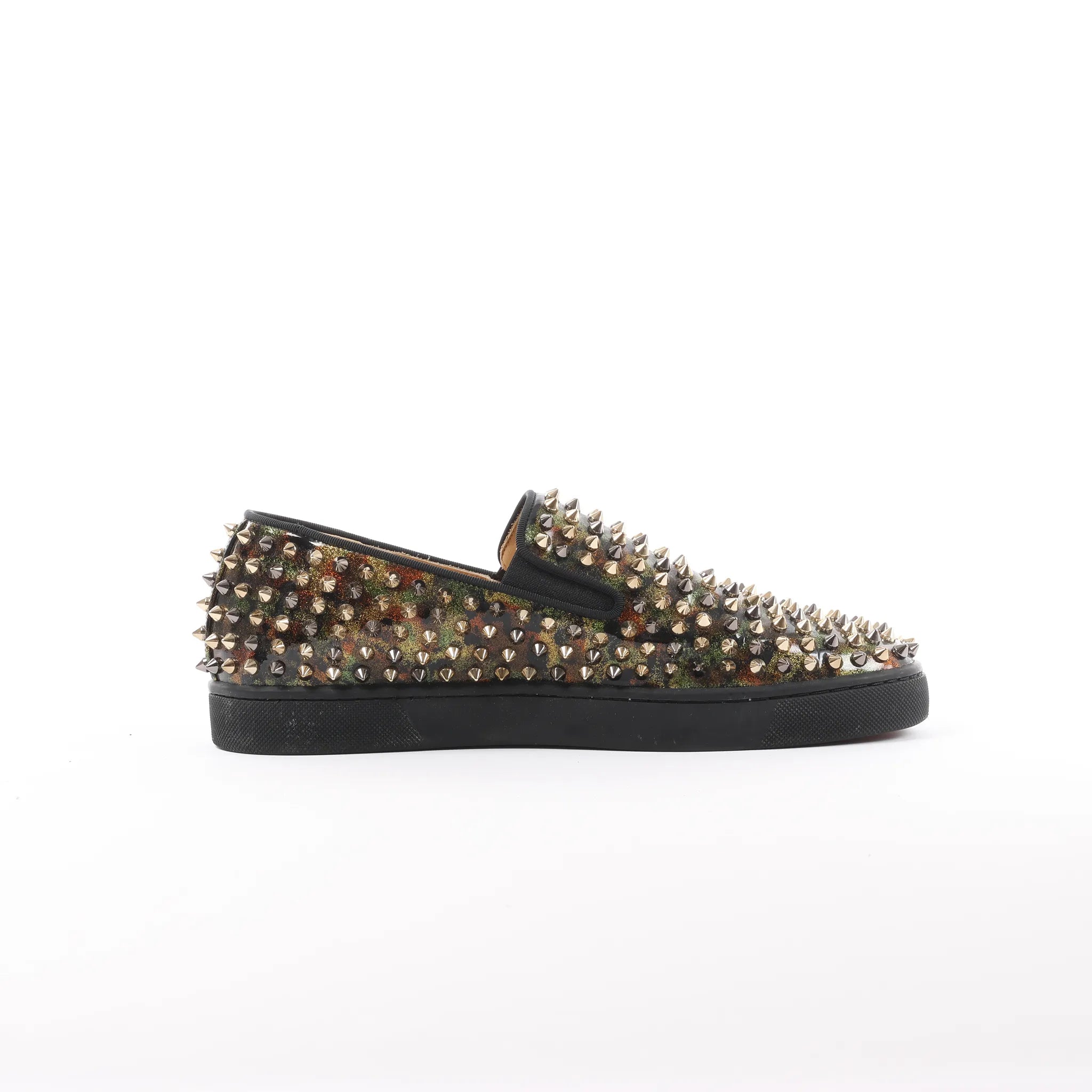 Christian Louboutin Roller Boat Spike Studs Patent Leather Slip-on in Brown x Green, Size 42 EU