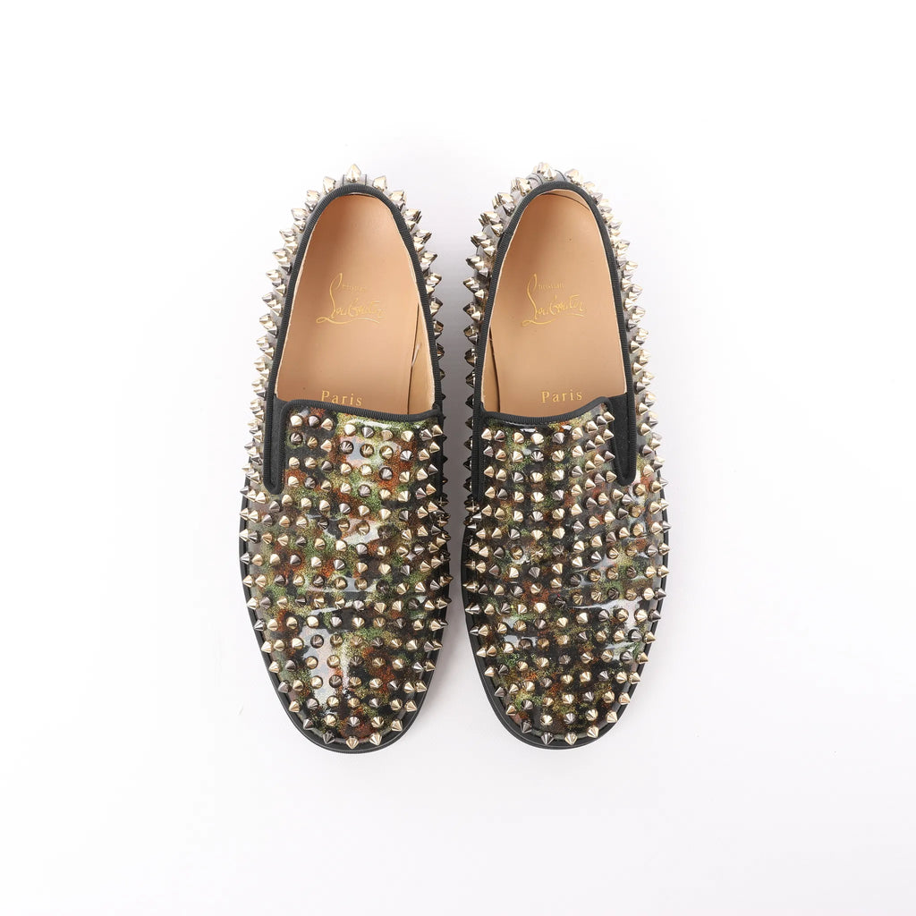 Christian Louboutin Roller Boat Spike Studs Patent Leather Slip-on in Brown x Green, Size 42 EU