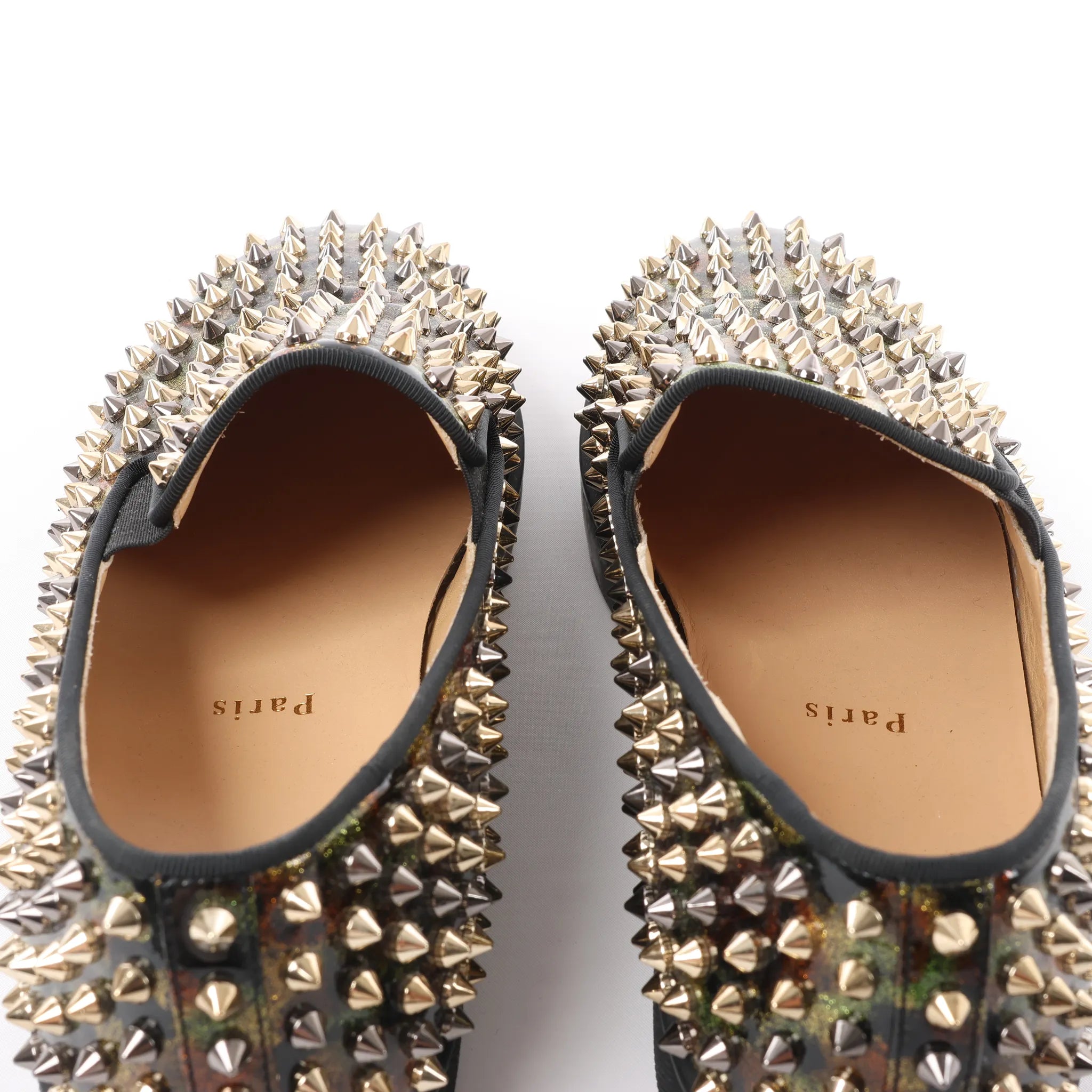 Christian Louboutin Roller Boat Spike Studs Patent Leather Slip-on in Brown x Green, Size 42 EU