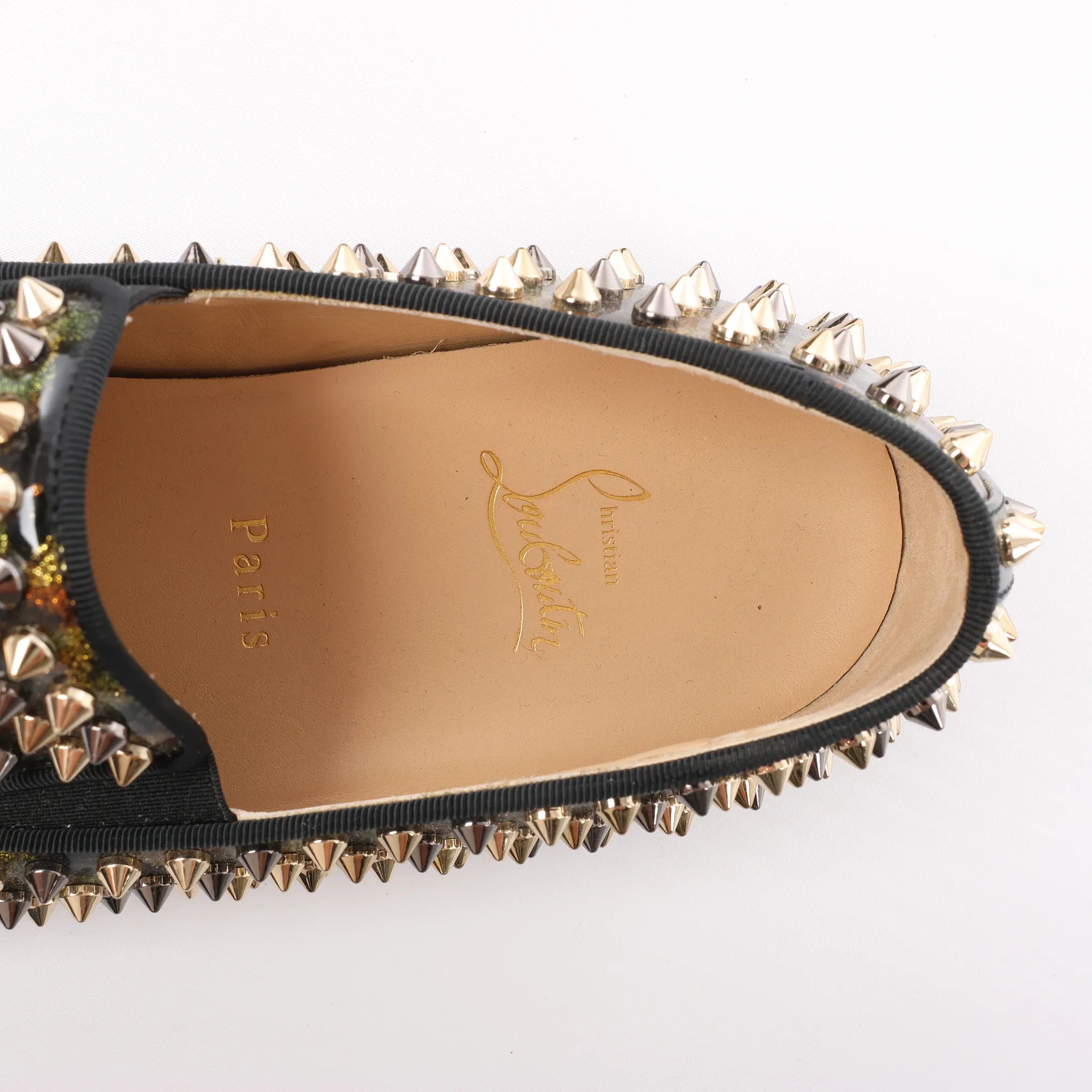 Christian Louboutin Roller Boat Spike Studs Patent Leather Slip-on in Brown x Green, Size 42 EU