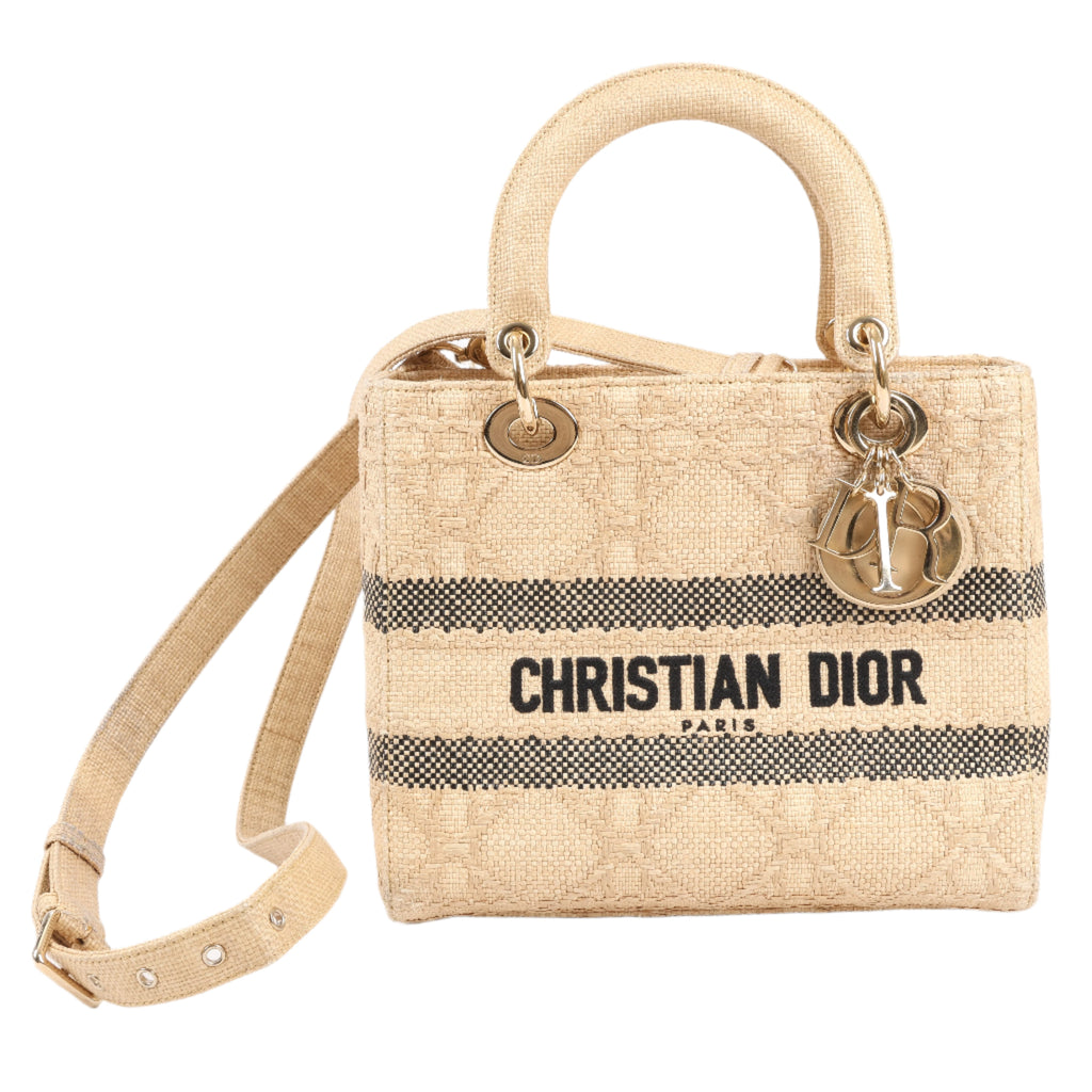 Christian Dior Lady D-Lite Raffia Woven Cannage Embroidered Medium 2Way Handbag in Beige