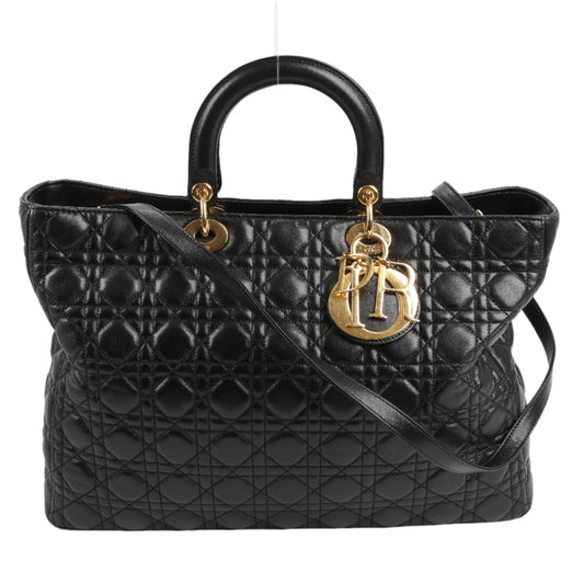 Grand sac à main Christian Dior Lady Dior en cuir Cannage à double compartiment, noir