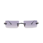 Rimless rectangular sunglasses with gray gradient lenses, black bridge and gold-tone side hardware on a white background.
