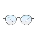 Chrome Hearts round sunglasses with black metal frames, light blue gradient lenses, and cross-style hinge accents on a white background.