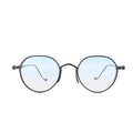 Chrome Hearts round sunglasses with black metal frames, light blue gradient lenses, and cross-style hinge accents on a white background.