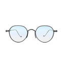 Chrome Hearts round sunglasses with black metal frames, light blue gradient lenses, and cross-style hinge accents on a white background.