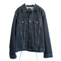 CoSTUME NATIONAL dark denim jacket with silver-tone buttons, contrast vertical stitching, flap chest pockets, and classic collar, displayed on a white hanger.
