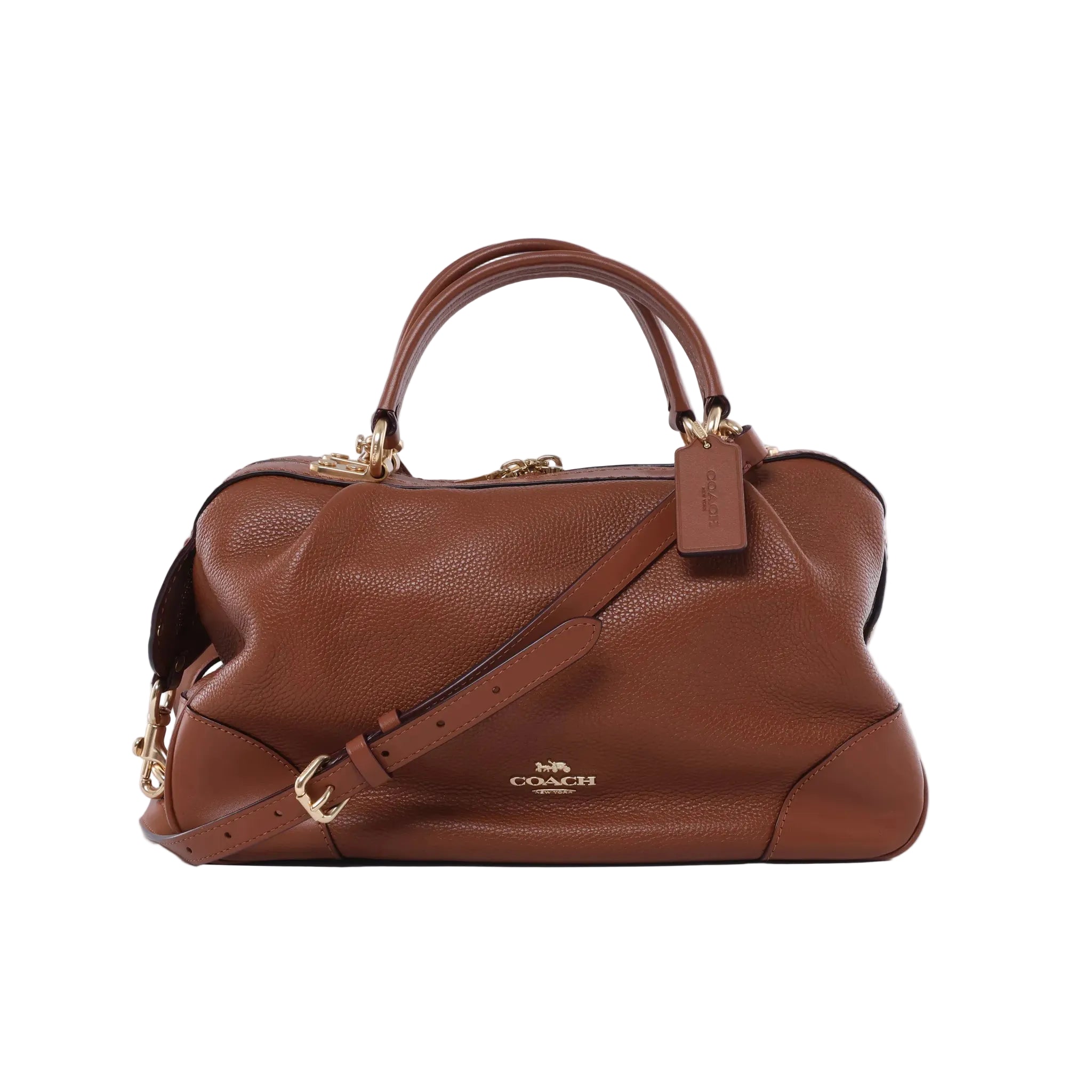 Front view of a brown Coach Lane Satchel in grained leather with rolled handles, gold-tone hardware, logo hangtag and an adjustable shoulder strap.