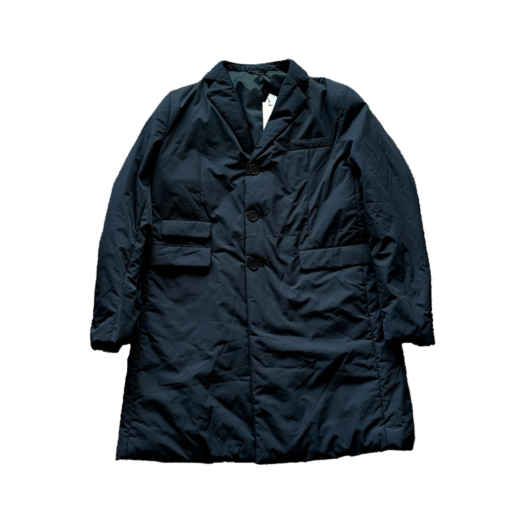 CC Collection Corneliani navy blue puffer coat with notched lapels, three-button front, chest pocket and two flap pockets.