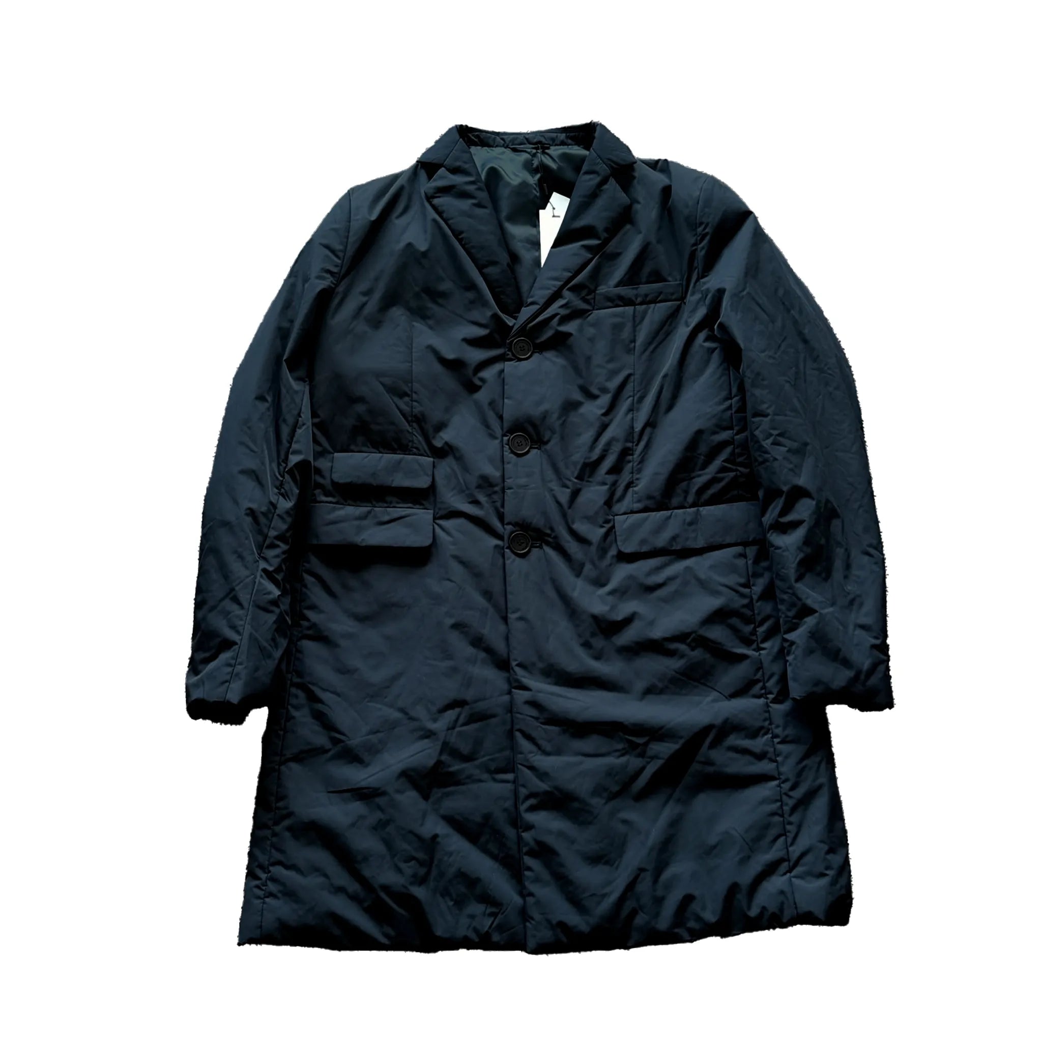 CC Collection Corneliani navy blue puffer coat with notched lapels, three-button front, chest pocket and two flap pockets.