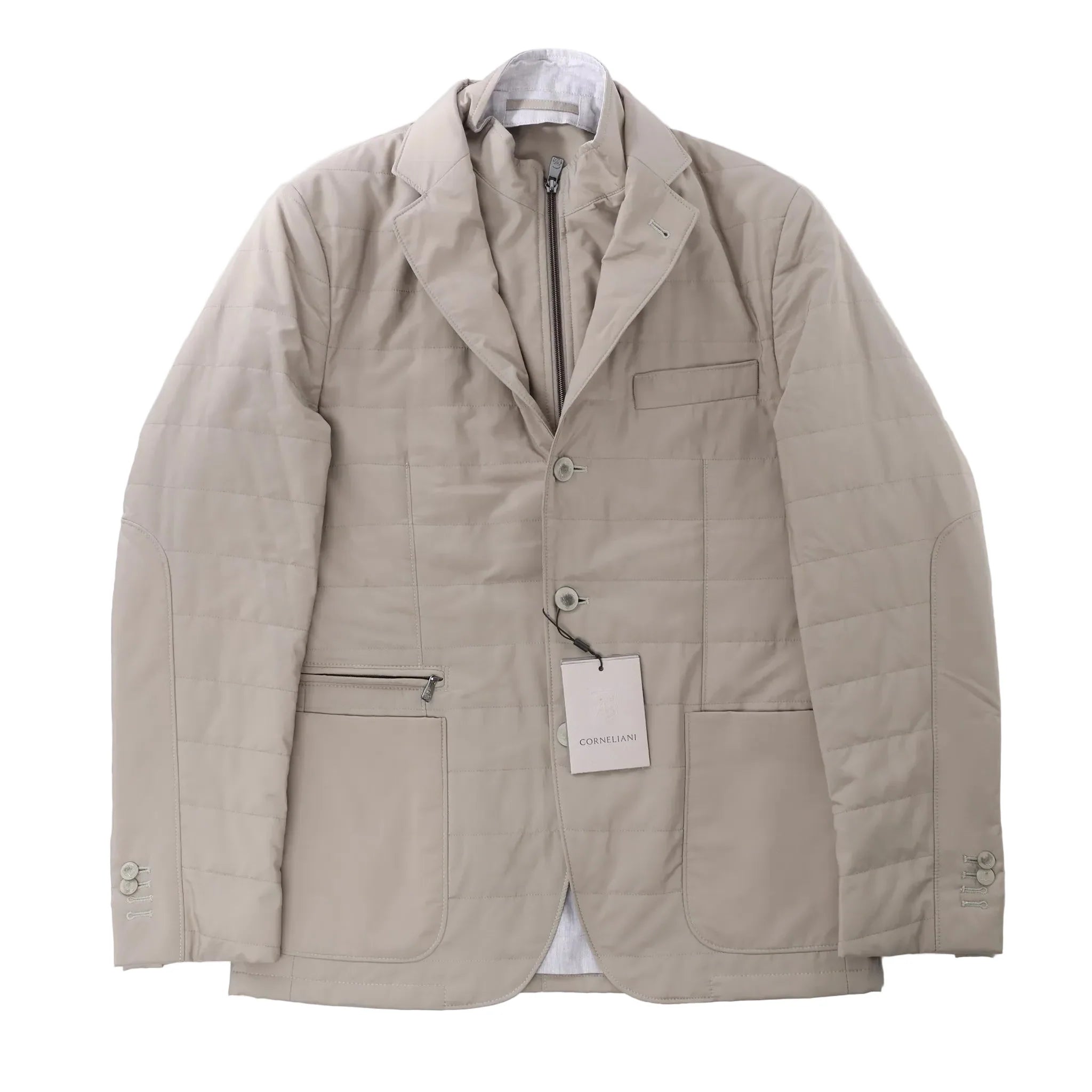 Corneliani beige wool quilted jacket with concealed zip and button front, classic collar, flap and zip pockets, long sleeves and tailored design, laid flat on a white background.
