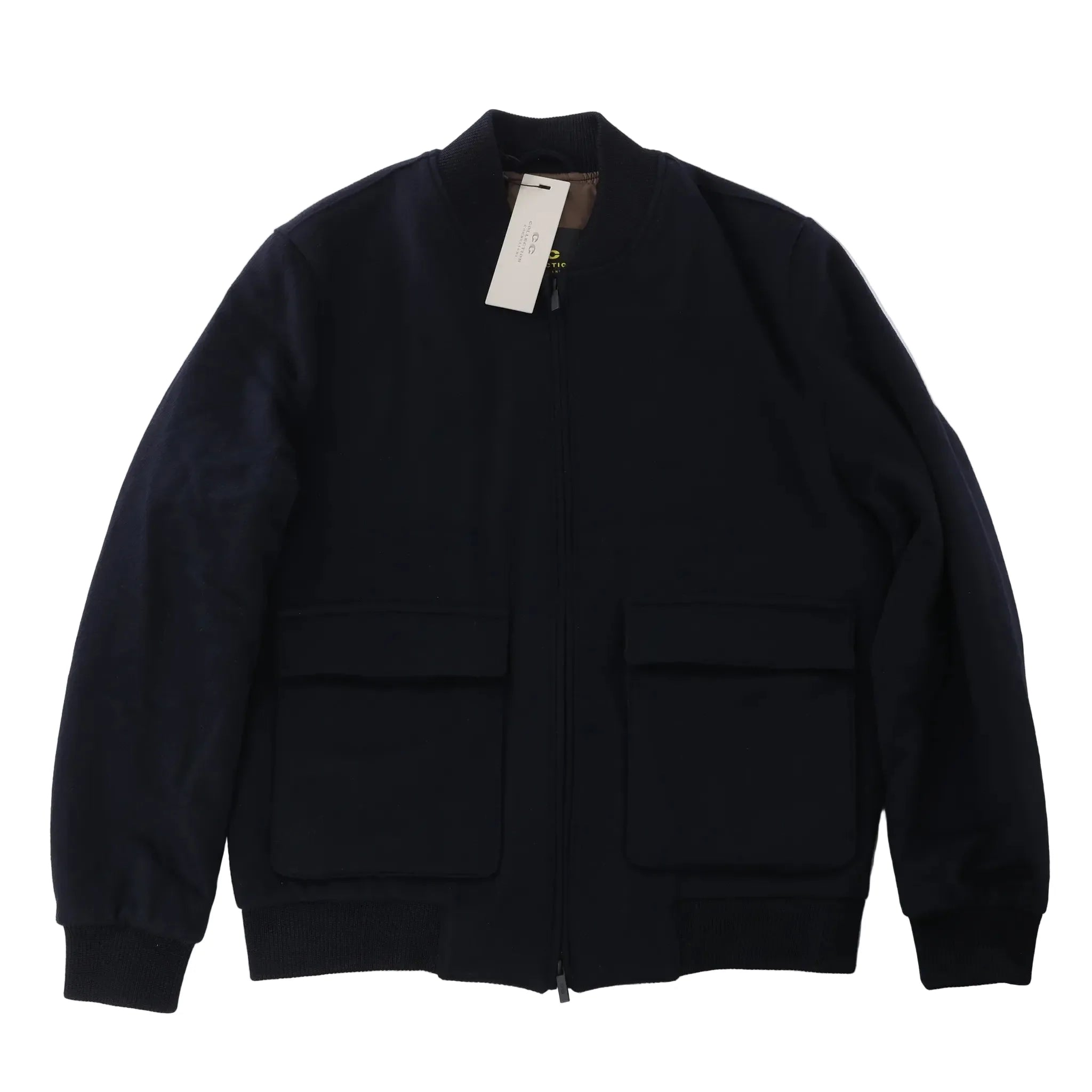 Corneliani O.Wear navy blue bomber jacket with full zip-front closure, ribbed collar, cuffs and hem, and two large flap front pockets, laid flat on a white background.