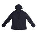 Corneliani CC Collection navy blue jacket in Size 50 IT, featuring a tailored blazer silhouette with a built-in zip-up hooded vest, laid flat on a light background to show full front view.