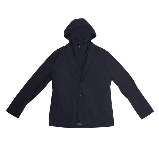 Corneliani CC Collection navy blue jacket in Size 50 IT, featuring a tailored blazer silhouette with a built-in zip-up hooded vest, laid flat on a light background to show full front view.