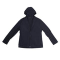 Corneliani CC Collection navy blue jacket in Size 50 IT, featuring a tailored blazer silhouette with a built-in zip-up hooded vest, laid flat on a light background to show full front view.